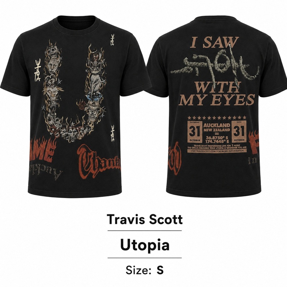 Travis Scott Utopis "My Eyes" Tour Auckland Tee Unisex S Black Graphic '24 Merch